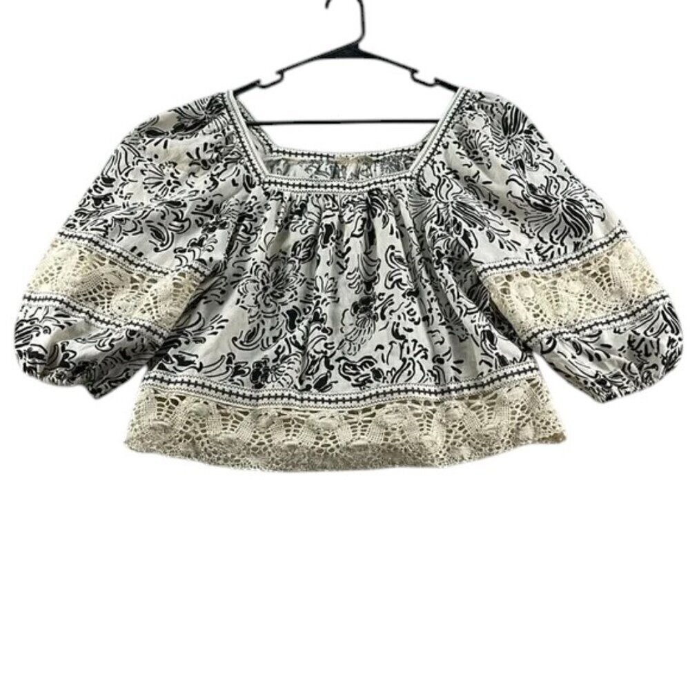 Christian Siriano Top Black Cream Lace Crop Women's Size S Elegant Chic
